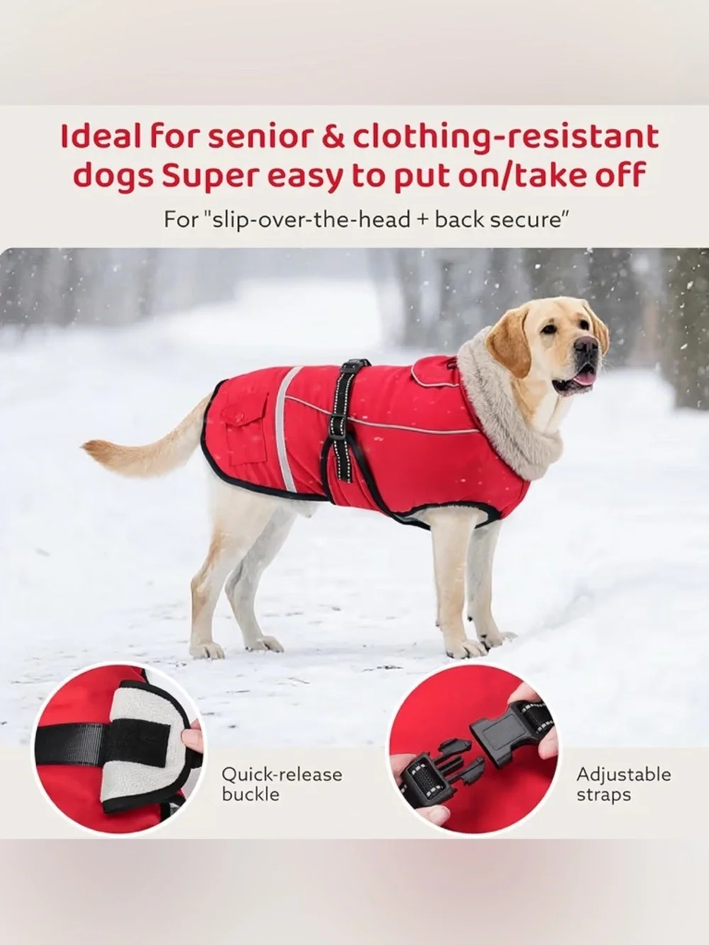 NEW-Dog- Large Red Faux-Fur Collar  Reflective, safety Dog Winter Coat -